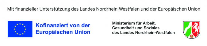 Auf dem Bild sieht man zwei Logos unter der Überschrift "Mit finanzieller Unterstützung des LAndes NRW und der EU". Das erste Logo zeigt das Logo der EU mit dem Text "kofinanziert von der Europäischen Union". Daneben ist das Logo des Ministeriums für Arbeit, Gesundheit und Soziales  des Landes NRW.